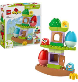 LEGO DUPLO Balancing & Stacking Tree Set mit bunten Steinen, Eulen, Eiern und Verpackung im Hintergrund.