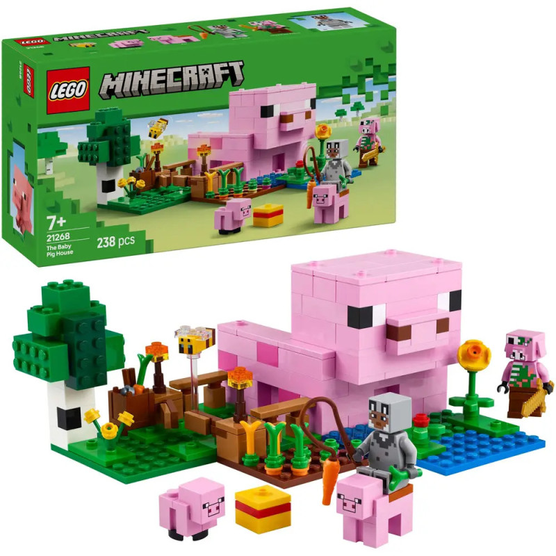 LEGO Minecraft Set mit rosa Schwein, Kleintieren, Minifiguren, Pflanzen und LEGO-Box im Hintergrund.