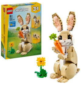 LEGO Creator 3-in-1-Set: Gebauter Hase mit Karotte, dazu Verpackung und Blumen-Accessoire.
