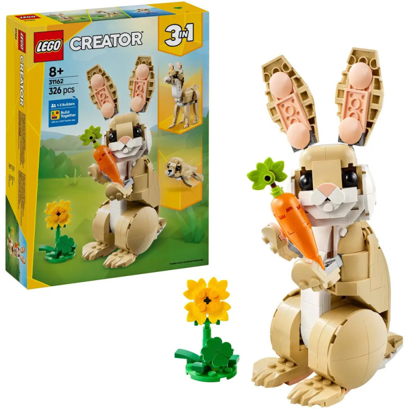 LEGO Creator 3-in-1-Set: Gebauter Hase mit Karotte, dazu Verpackung und Blumen-Accessoire. LEGO Creator 3-in-1-Set: Gebauter Hase mit Karotte, dazu Verpackung und Blumen-Accessoire.