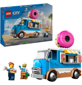 LEGO Donut-Truck-Set mit Minifiguren, Donuts und Verpackung des aufgebauten Trucks am Strand.