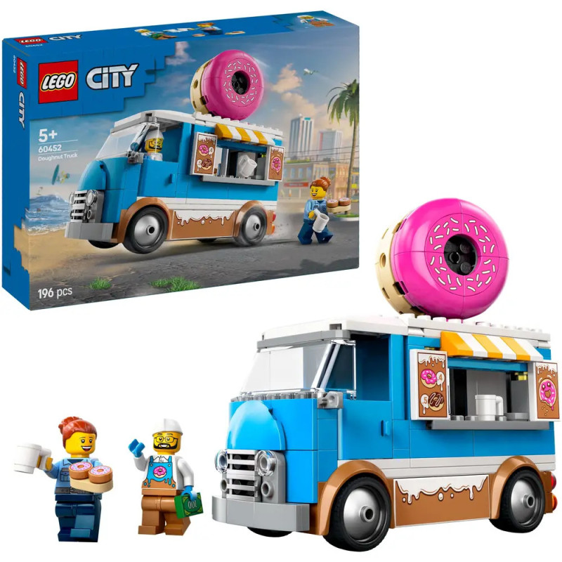 LEGO Donut-Truck-Set mit Minifiguren, Donuts und Verpackung des aufgebauten Trucks am Strand. LEGO Donut-Truck-Set mit Minifiguren, Donuts und Verpackung des aufgebauten Trucks am Strand.