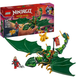LEGO Ninjago Set mit grünem Drachen, Minifiguren und Verpackung im Hintergrund.
