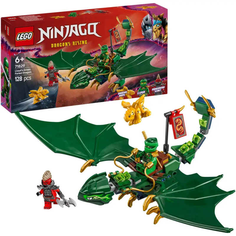 LEGO Ninjago Set mit grünem Drachen, Minifiguren und Verpackung im Hintergrund. LEGO Ninjago Set mit grünem Drachen, Minifiguren und Verpackung im Hintergrund.
