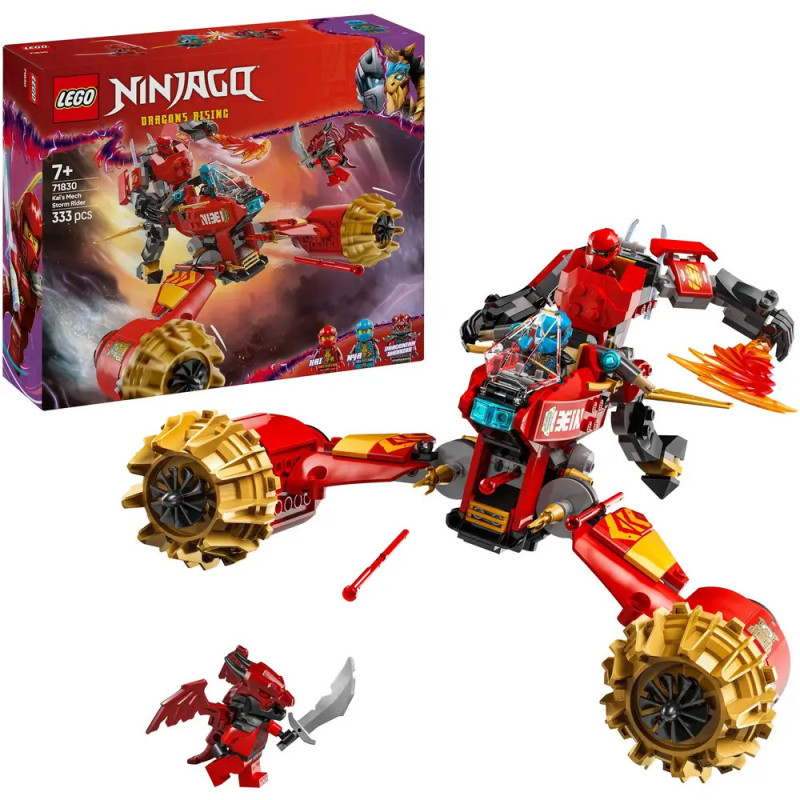 LEGO Ninjago Dragons Rising Set mit rotem und goldenem Fahrzeug, Minifiguren und Box im Hintergrund.