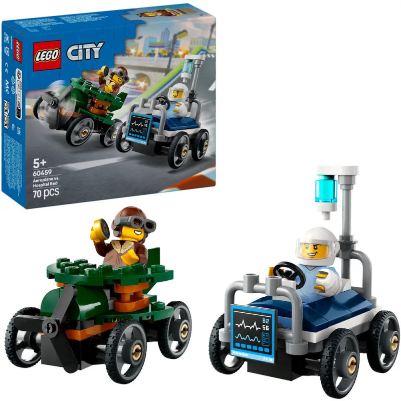 Zwei LEGO-Fahrzeuge mit Fahrer-Minifiguren neben der Verpackung des LEGO City Sets 60459.