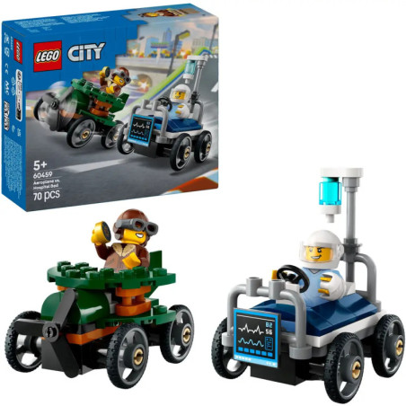 Zwei LEGO-Fahrzeuge mit Fahrer-Minifiguren neben der Verpackung des LEGO City Sets 60459.