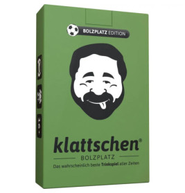 Grüne Klattschen Bolzplatz-Spielschachtel mit Comic-Gesicht und deutscher Aufschrift auf der Vorderseite.