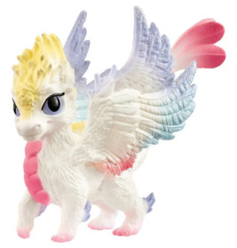 Bunter, glitzernder Spielzeugdrache mit Flügeln, Pastellfarben und großen Augen steht auf allen vieren.