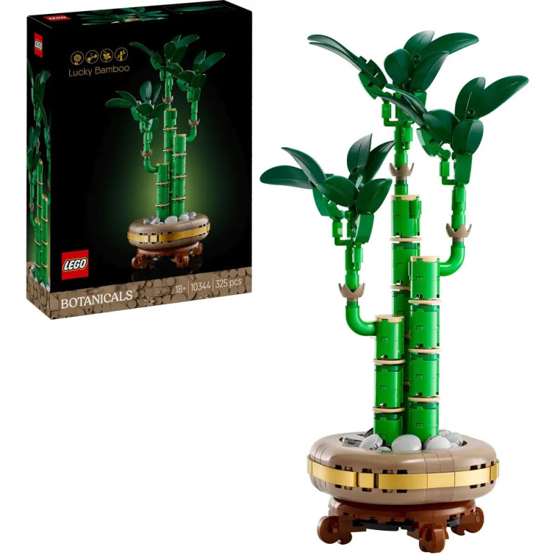 LEGO Lucky Bamboo Set mit grünen Bambusstäben im braunen Topf, die Verpackung ist links zu sehen.