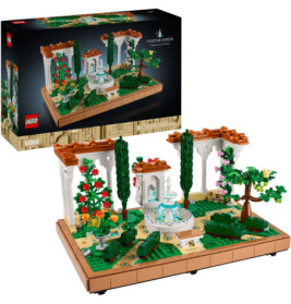 LEGO Fountain Garden Set mit Bäumen, Blumen, Springbrunnen und der Verpackung im Hintergrund.