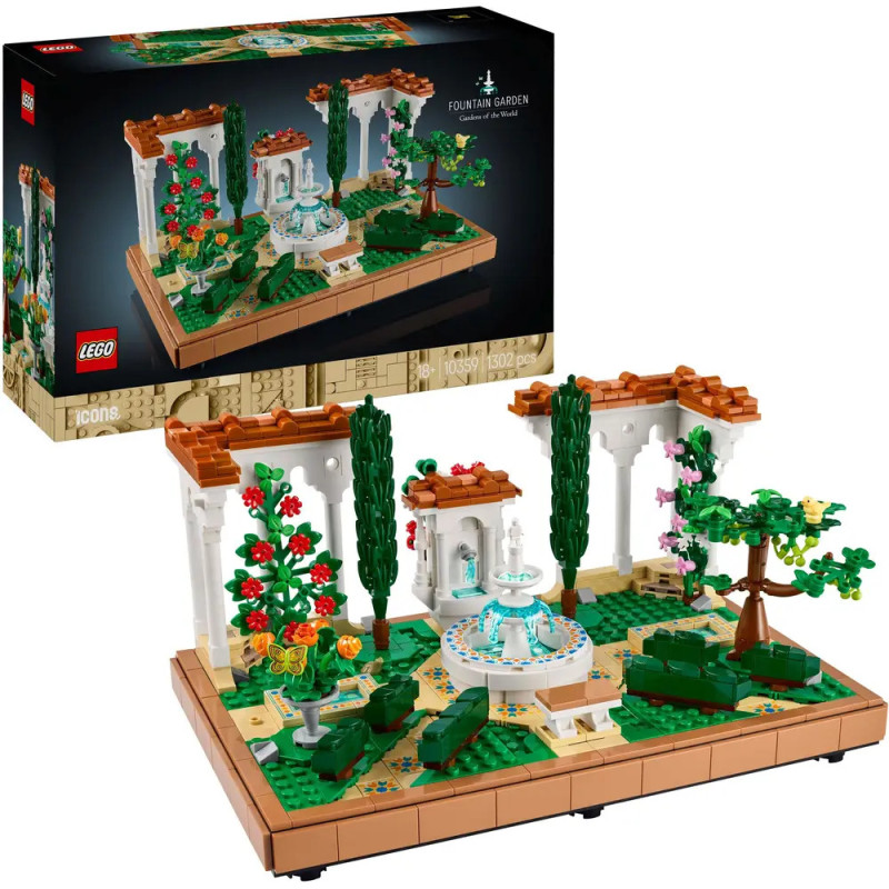 LEGO Fountain Garden Set mit Bäumen, Blumen, Springbrunnen und der Verpackung im Hintergrund.