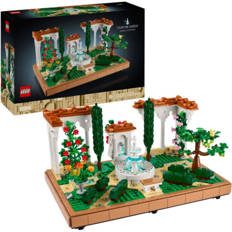 LEGO Fountain Garden Set mit Bäumen, Blumen, Springbrunnen und der Verpackung im Hintergrund.