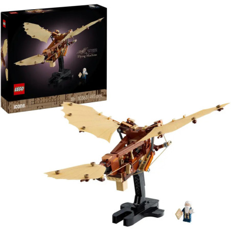 LEGO-Set von Da Vincis Flugmaschine mit beigen Flügeln, Minifigur, Ständer und Verpackung im Hintergrund.