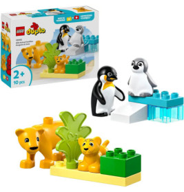 LEGO DUPLO Set mit Löwe, Löwenbaby, Pinguin, Pinguinküken und bunten Bausteinen.