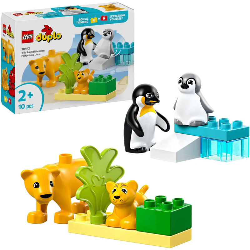 LEGO DUPLO Set mit Löwe, Löwenbaby, Pinguin, Pinguinküken und bunten Bausteinen.