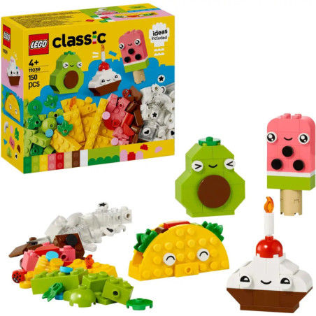 LEGO Classic Set mit bunten Bauten wie Taco, Torte, Avocado, Eis und Tieren vor der Verpackung ausgestellt.