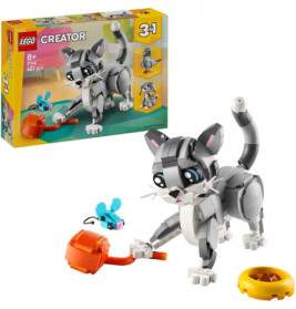 LEGO Creator 3-in-1-Set: Graue Katze mit Maus, Napf und Spielzeug Verpackung im Hintergrund sichtbar.