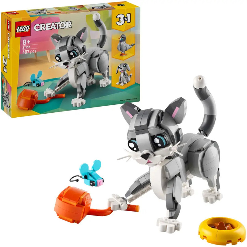 LEGO Creator 3-in-1-Set: Graue Katze mit Maus, Napf und Spielzeug Verpackung im Hintergrund sichtbar. LEGO Creator 3-in-1-Set: Graue Katze mit Maus, Napf und Spielzeug Verpackung im Hintergrund sichtbar.