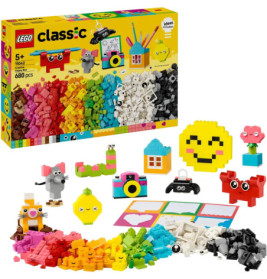 LEGO Classic Set mit bunten Steinen, Box und Modellen wie Smiley-Gesicht, Kamera und Tieren.