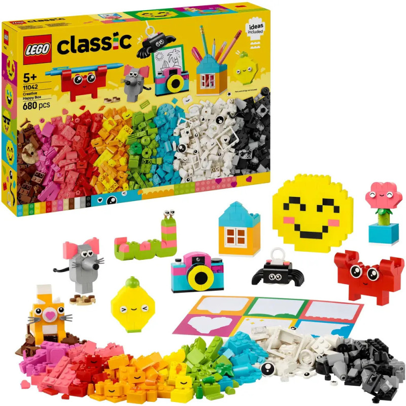 LEGO Classic Set mit bunten Steinen, Box und Modellen wie Smiley-Gesicht, Kamera und Tieren. LEGO Classic Set mit bunten Steinen, Box und Modellen wie Smiley-Gesicht, Kamera und Tieren.