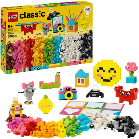 LEGO Classic Set mit bunten Steinen, Box und Modellen wie Smiley-Gesicht, Kamera und Tieren.