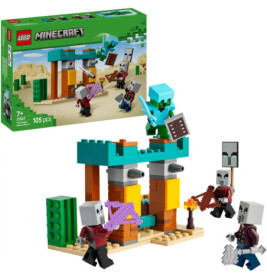 LEGO Minecraft Set mit Figuren im Kampf am Wüstenaußenposten Box und aufgebautes Set sind sichtbar.
