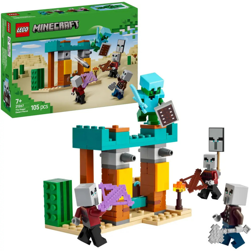 LEGO Minecraft Set mit Figuren im Kampf am Wüstenaußenposten Box und aufgebautes Set sind sichtbar. LEGO Minecraft Set mit Figuren im Kampf am Wüstenaußenposten Box und aufgebautes Set sind sichtbar.