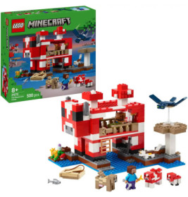 LEGO Minecraft Set mit rotem Pilzhaus, Minifiguren, Tieren und der Box im Hintergrund.