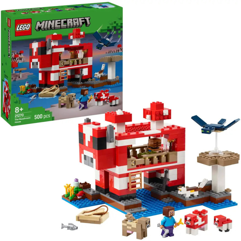 LEGO Minecraft Set mit rotem Pilzhaus, Minifiguren, Tieren und der Box im Hintergrund. LEGO Minecraft Set mit rotem Pilzhaus, Minifiguren, Tieren und der Box im Hintergrund.
