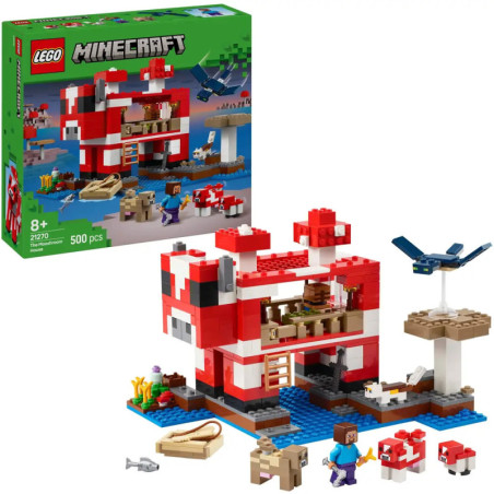 LEGO Minecraft Set mit rotem Pilzhaus, Minifiguren, Tieren und der Box im Hintergrund.