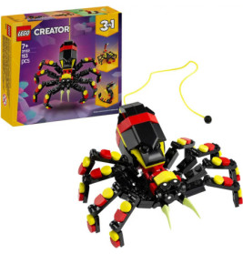 LEGO-Spinnenmodell aus schwarzen, roten und gelben Steinen mit Verpackung der Serie Creator 3-in-1.