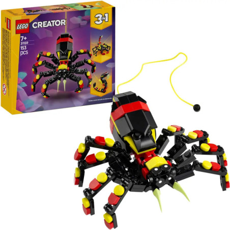 LEGO-Spinnenmodell aus schwarzen, roten und gelben Steinen mit Verpackung der Serie Creator 3-in-1.