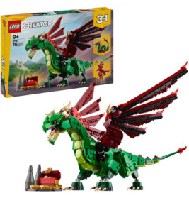 LEGO Creator 3-in-1 Set mit grün-rotem Drachen und Verpackung im Hintergrund.