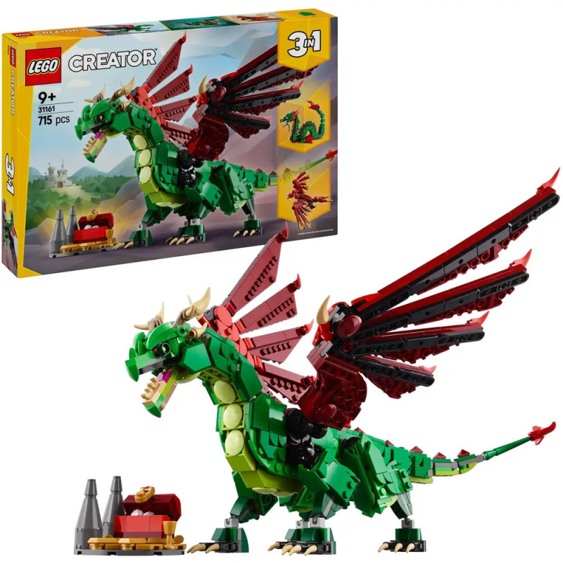 LEGO Creator 3-in-1 Set mit grün-rotem Drachen und Verpackung im Hintergrund.