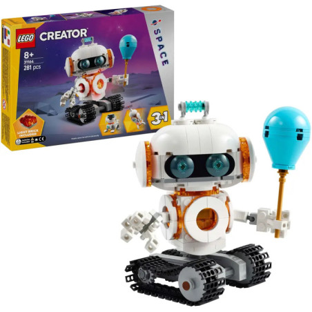 LEGO Creator Roboter mit blauem Ballon, im Hintergrund die Verpackung mit Weltraummotiv. LEGO Creator Roboter mit blauem Ballon, im Hintergrund die Verpackung mit Weltraummotiv.