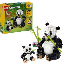 LEGO Creator 3-in-1 Panda-Set mit zwei Pandas, Bambus und sichtbarer Verpackung im Hintergrund.