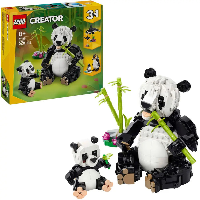 LEGO Creator 3-in-1 Panda-Set mit zwei Pandas, Bambus und sichtbarer Verpackung im Hintergrund.
