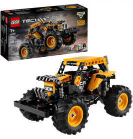 LEGO Technic JCB Rückziehauto-Set mit Schachtel, zusammengebaut in Schwarz-Gelb.