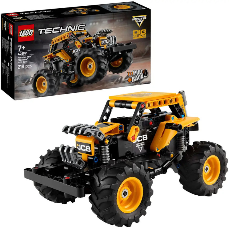 LEGO Technic JCB Rückziehauto-Set mit Schachtel, zusammengebaut in Schwarz-Gelb. LEGO Technic JCB Rückziehauto-Set mit Schachtel, zusammengebaut in Schwarz-Gelb.