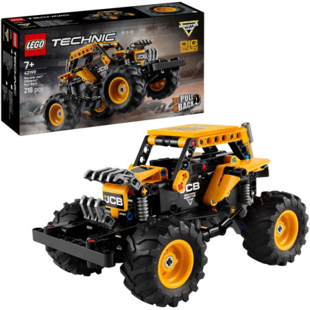 LEGO Technic JCB Rückziehauto-Set mit Schachtel, zusammengebaut in Schwarz-Gelb.
