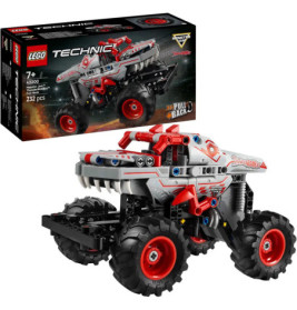 LEGO Technic Monstertruck mit roten, schwarzen und grauen Teilen, abgebildet neben seiner Verpackung.