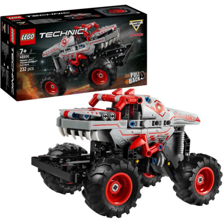 LEGO Technic Monstertruck mit roten, schwarzen und grauen Teilen, abgebildet neben seiner Verpackung.