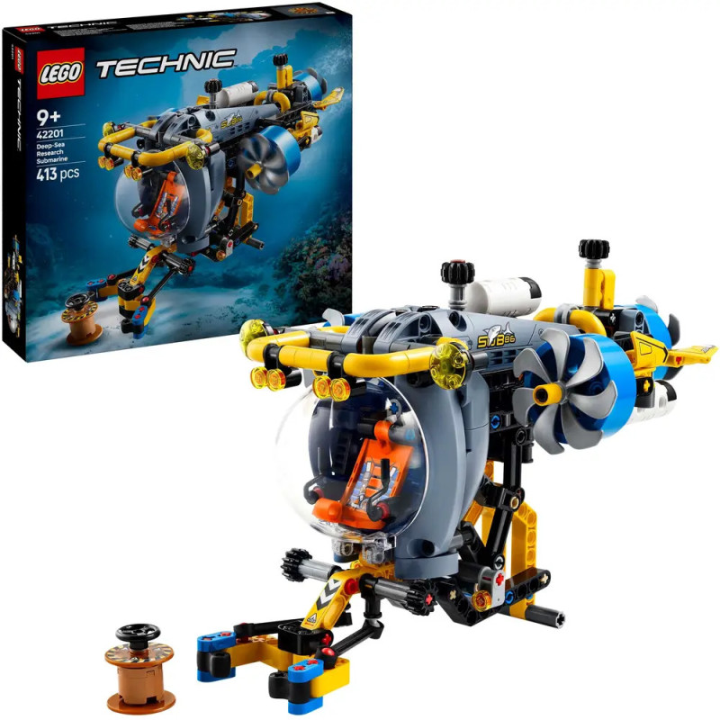 LEGO Technic Tiefsee-U-Boot mit 413 Teilen, aufgebaut neben Box mit Unterwasser-Motiv, empfohlen ab 9 Jahren. LEGO Technic Tiefsee-U-Boot mit 413 Teilen, aufgebaut neben Box mit Unterwasser-Motiv, empfohlen ab 9 Jahren.