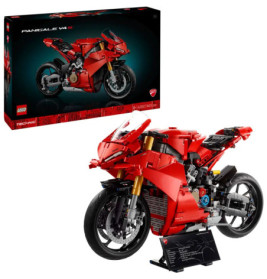 LEGO-Modell einer roten Ducati Panigale V4 mit Verpackung im Hintergrund.