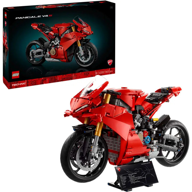 LEGO-Modell einer roten Ducati Panigale V4 mit Verpackung im Hintergrund.