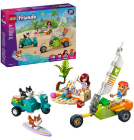 LEGO Friends Strandset mit zwei Mädchen, Roller, Segelwagen, Tisch, Palme und zwei Tieren.