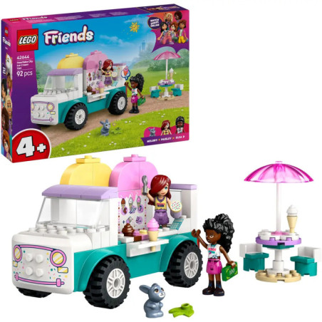 LEGO Friends Eiswagen-Set mit zwei Spielfiguren, Tisch, Sonnenschirm und einem kleinen Tier.