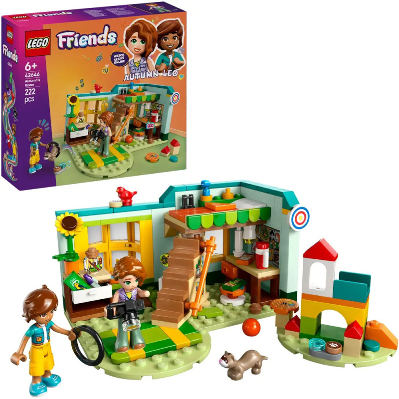 LEGO Friends Autumn und Leo Spielset mit zwei Minifiguren, Katze und buntem Zimmer, Verpackung im Hintergrund. LEGO Friends Autumn und Leo Spielset mit zwei Minifiguren, Katze und buntem Zimmer, Verpackung im Hintergrund.