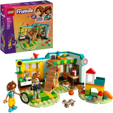 LEGO Friends Autumn und Leo Spielset mit zwei Minifiguren, Katze und buntem Zimmer, Verpackung im Hintergrund.